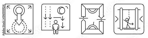 Icons representing decrease, reduction, transformation, movement, and physical processes in black and white