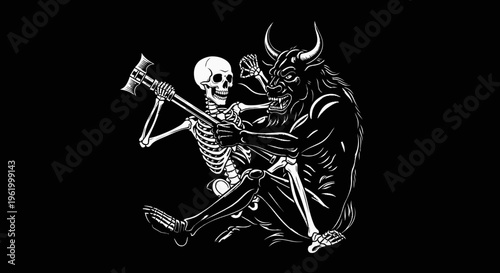 Fantasy Battle Between Skeleton and Horned Beast Vector Illustration in Woodcut Style