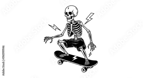 Cool Skeleton Character Riding a Skateboard Vector Illustration in Retro Tattoo Style with Lightning Bolts