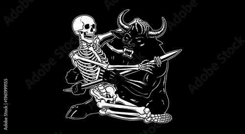 Greek Mythology Minotaur Fighting a Human Skeleton in Vintage Woodcut Illustration Style
