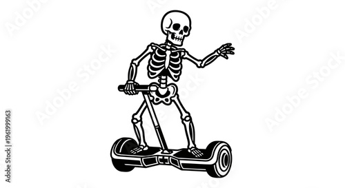 Vector Illustration of a Human Skeleton Riding a Modern Electric Hoverboard Scooter