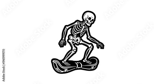 Cool skeleton character riding an electric hoverboard, black and white vector illustration of street culture and leisure activity.