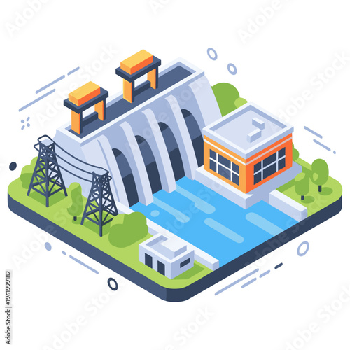 Isometric illustration of a modern hydroelectric dam with power lines and surrounding landscape