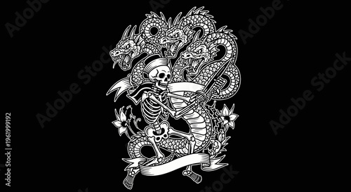 Skeleton Warrior with Sword Fighting Multi-Headed Hydra Dragon Vector Illustration in Traditional Tattoo Style