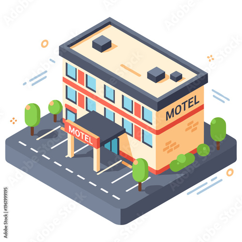 Isometric illustration of a modern motel with parking and trees