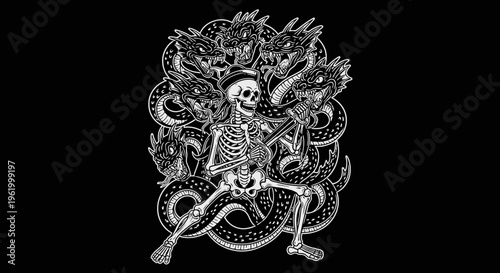 Skeleton Sailor Warrior Fighting a Multi-Headed Hydra Dragon Monster Vector Illustration
