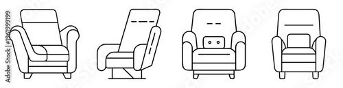 Line drawing of four different styles of armchairs with varying features