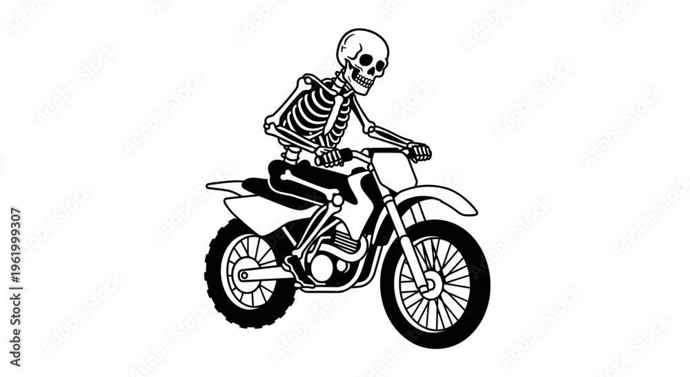 Obraz premium Skeleton Riding a Motocross Dirt Bike Hand Drawn Vector Illustration Isolated on White Background