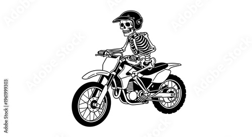 Human Skeleton Wearing a Helmet Riding a Motocross Dirt Bike Vector Illustration