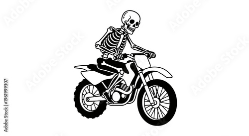 Skeleton Riding a Motocross Dirt Bike Hand Drawn Vector Illustration Isolated on White Background