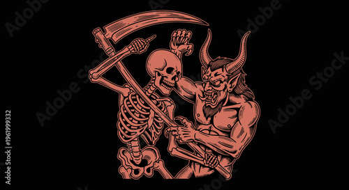 Vintage Vector Illustration of a Skeleton Grim Reaper Fighting a Horned Devil with a Scythe, Mythological Horror Art Style