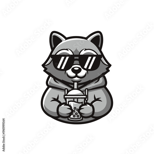 Cool Raccoon Mascot Wearing Sunglasses and Hoodie Holding Drink.