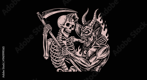 Vintage Grim Reaper Skeleton and Horned Devil Demon Illustration, Occult Woodcut Gothic Tattoo Art Style