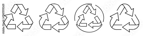 Diverse graphical representations of the universal recycling symbol outlined in black