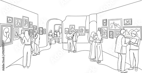 art gallery with people looking at paintings