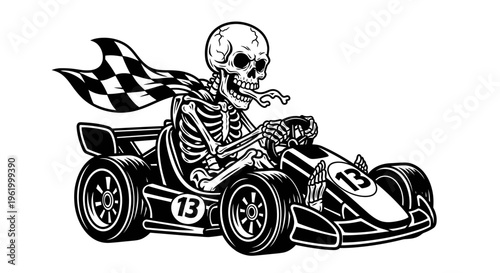 Racing Skeleton Driving a Go-Kart with Checkered Flag Cape Vector Illustration