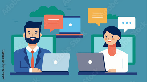 Business people, coworkers, chatting, laptops, office