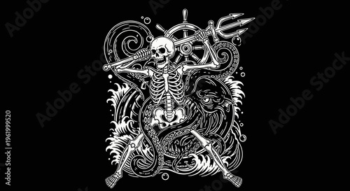 Nautical Skeleton Warrior Fighting Giant Kraken Sea Monster with Trident and Ship Wheel Background