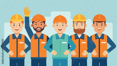 Construction workers, laborers, safety vests, hard hats, team