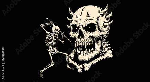 Dark Fantasy Vector Illustration of a Skeleton Warrior Attacking a Giant Horned Demonic Skull, Gothic Metal Art Style