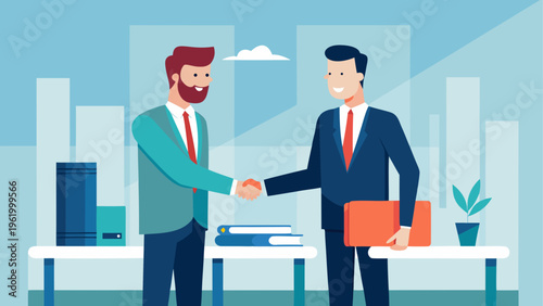 Businessmen shaking hands, office background, handshake deal, partnership