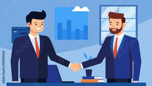 Business partnership, handshake, office scene, corporate agreement