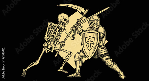 Medieval Knight in Full Armor Fighting a Skeleton with a Scythe, Epic Battle Between Life and Death Vector Illustration