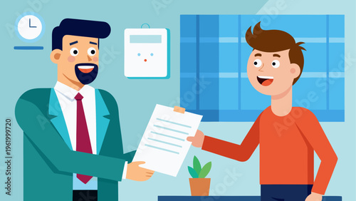 Business meeting, office handshake, document exchange, partnership