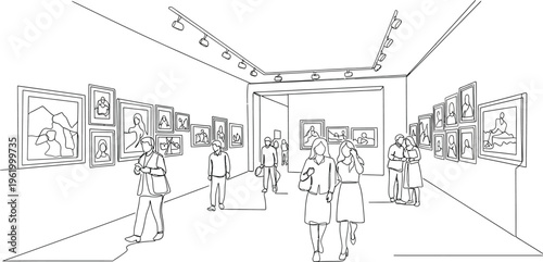 black and white illustration of people in art gallery