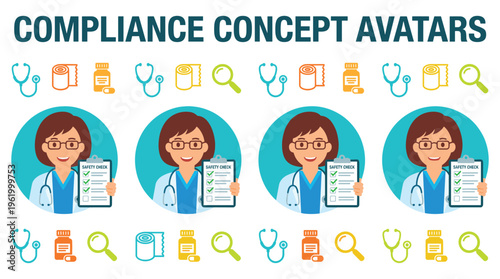 Female Doctor Healthcare Professional Avatars Illustrating Medical Clinical Compliance Concepts and Best Practices