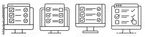 Four computer screens with checklist or to do list completed tasks
