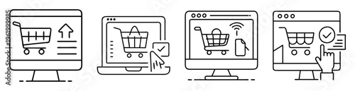 Four digital displays showing online shopping carts and transaction completion flows