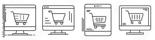 Vector illustration of online shopping carts on different devices showcasing ecommerce