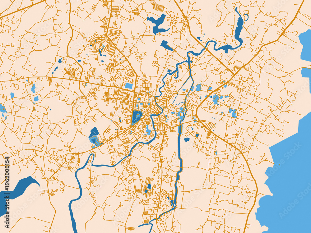 Fototapeta premium Minimal city map of Chanthaburi, Thailand with mustard-gold streets on cream