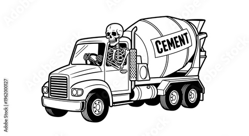 Funny Skeleton Driving a Cement Mixer Truck, Black and White Vector Illustration for Construction Industry Humor