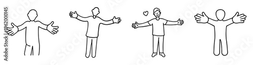 Black and white drawing of four people offering an open arm hug