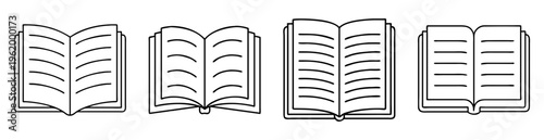 Illustration of four open books with black outlines showcasing different page layouts