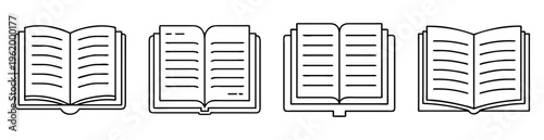 Four Stylized Line Drawings of Open Books with Different Page Content