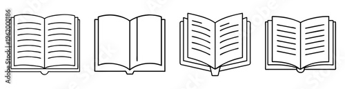 Black and white outline drawing of four open books with different angles