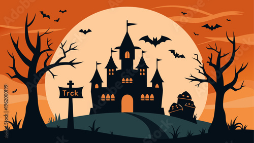 Halloween castle, spooky night, orange background, vector silhouette, haunted house