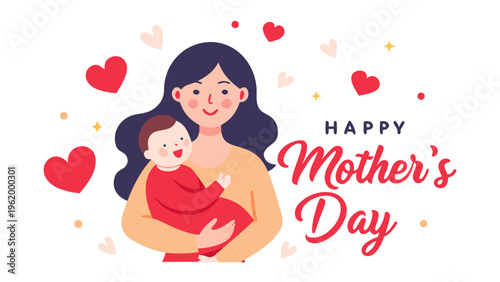 Mother's Day, Happy Mother's Day, Cartoon Mother, Baby Illustration, Vector Greeting