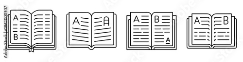 Set of outlined open books with letters A and B and filled text