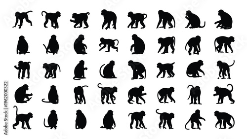 Collection of diverse monkey silhouettes in various poses