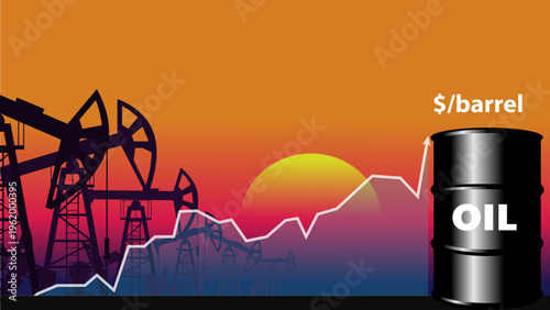 Industrial landscape of oil production against the background of a graph of falling prices per barrel vector illustration
