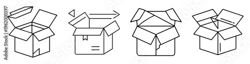 Four cardboard boxes in various stages of being opened and closed