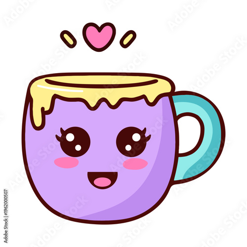 A cute cartoon purple coffee mug with a smiling face and heart above it