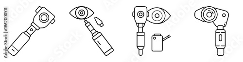 Set of ophthalmoscope eye exam equipment and accessories in black line art