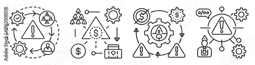 Four distinct risk management strategy depictions in a simple black and white style