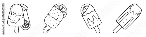 A collection of various popsicle designs in black and white line art