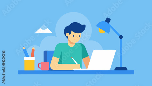 Flat design man working on laptop, office workspace, desk with lamp, productive environment
